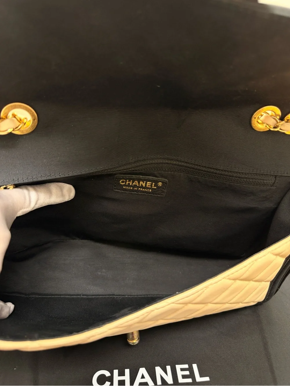 CHANEL Beige and Black Quilted Shoulder Bag with Gold Hardware